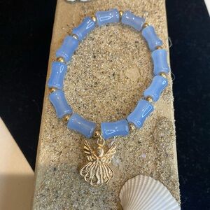 Blue Glass Beaded Bracelet with Gold Angel Charm